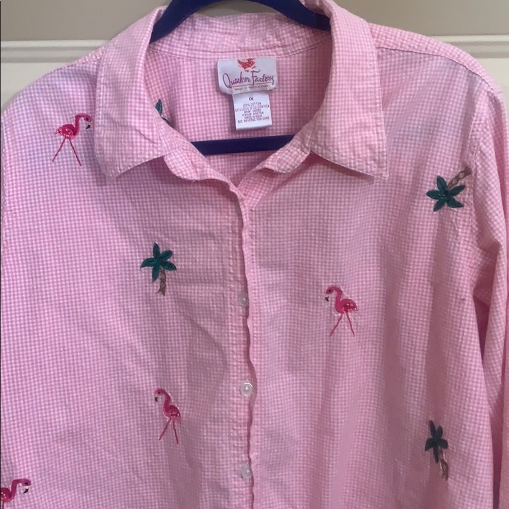 QF Pink gingham long sleeve shirt w/ appliqués 1X